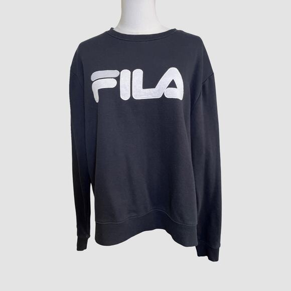 FILA Black Crewneck Sweatshirt XL Logo Pullover Cotton Blend Athleisure - Picture 3 of 8